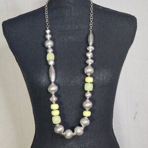 Chico's Vintage Chunky Lime and Silver Tone Beaded 39" Necklace with 5" Extender